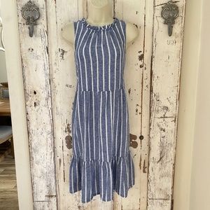 Beach Lunch Lounge Dress Size XS Linen Blue White Chambray Peasant Ruffle Casual
